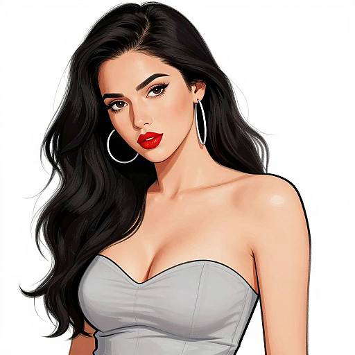 Digital illustration of a stunning woman with long black hair, red lipstick, large hoop earrings, and a strapless white dress.