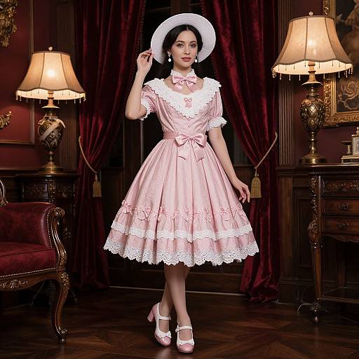 Photograph of a woman in a vintage pink lace dress and white hat, standing in a richly decorated room with red curtains and lit lamps.