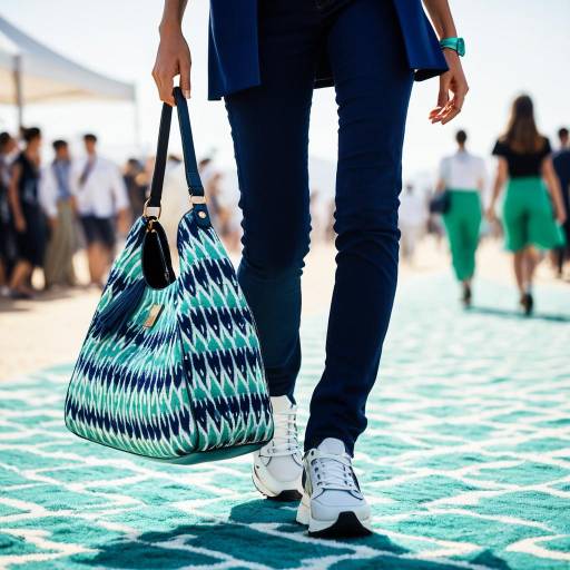 Fashion Model Walking with Ikat Patterned Bag