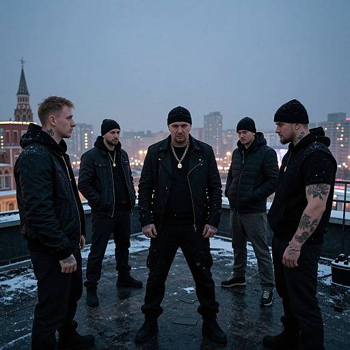 Five men in black winter clothing, beanie hats, and tattoos stand on a snow-covered rooftop at dusk, city lights in background. Photograph.