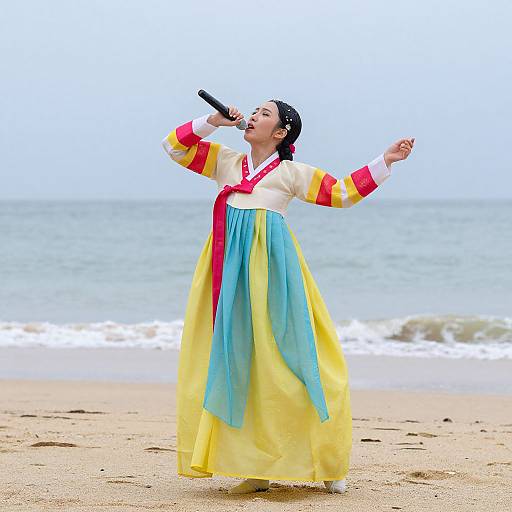 Photograph of a Korean woman singing on a beach, wearing a colorful traditional hanbok with red, yellow, blue, and white, holding a