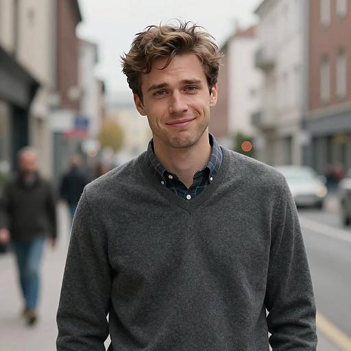 Young Man in Gray Sweater on Urban Street