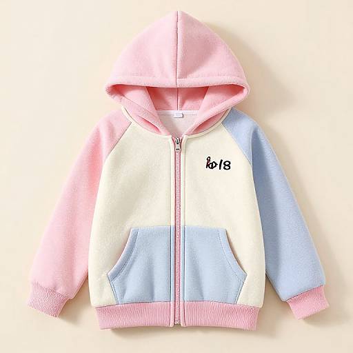 Photograph of a pastel pink and light blue hooded zip-up jacket with pink cuffs and hem, featuring a small 