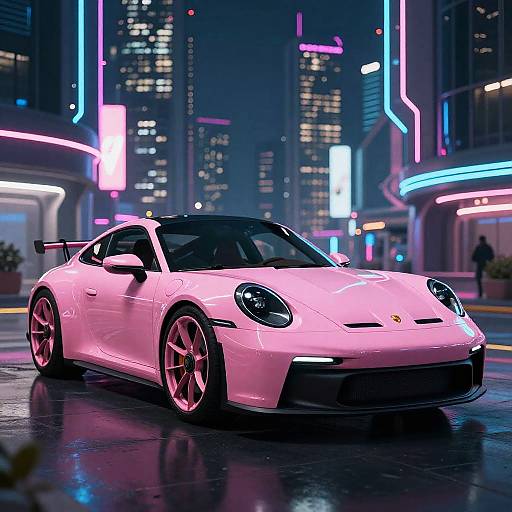Photorealistic CGI of a pink Porsche 911 in a neon-lit, futuristic city street at night, with reflections on wet pavement.