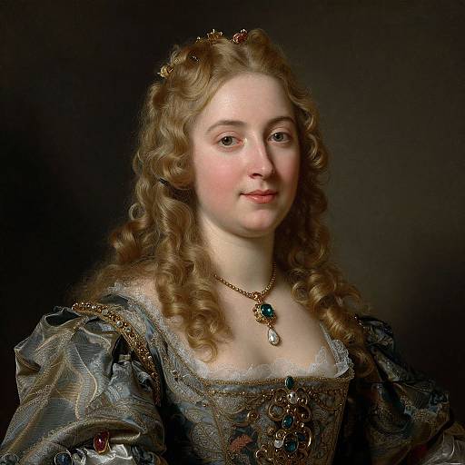 Photograph of a 18th-century European woman with curly blonde hair, fair skin, wearing an ornate blue gown, gold necklace, and crown