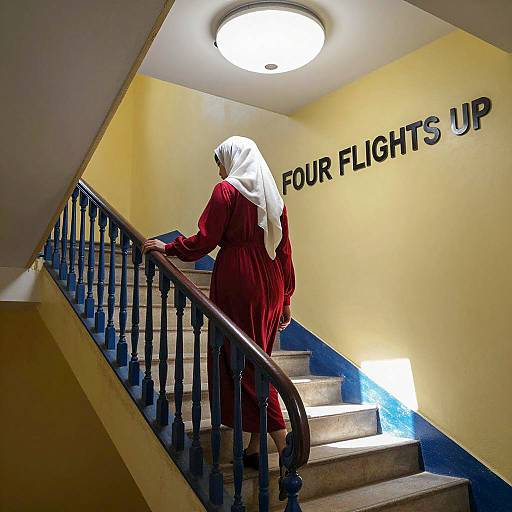Woman Ascending Stairway in Red Dress