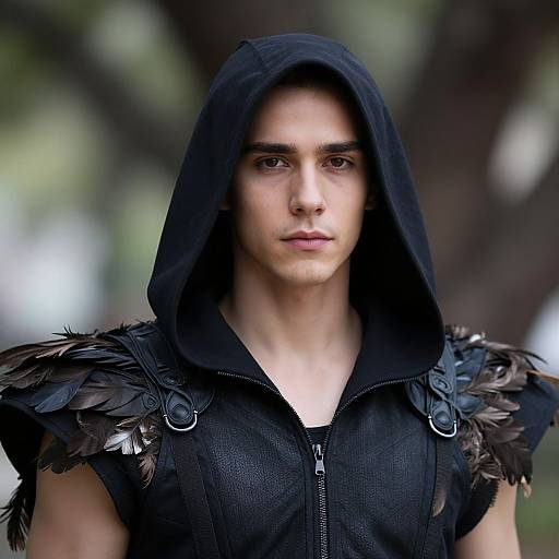 Photograph of a young man with fair skin, dark hooded attire, and feathered shoulder armor, looking serious, against a blurred forest background.