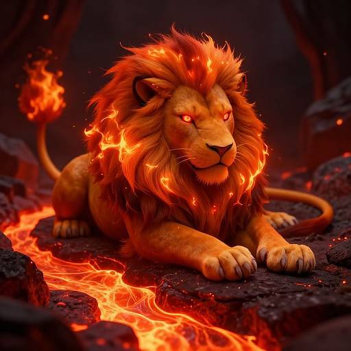 Digital art of a fiery, glowing lion with a vibrant, blazing mane, lying on a dark, rocky path with orange flames.