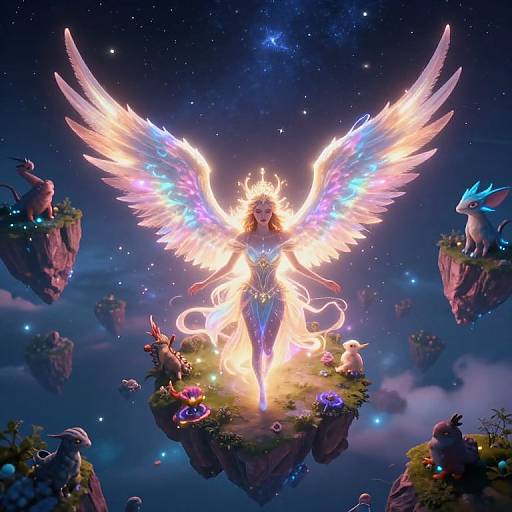 Digital fantasy artwork of a glowing, winged angelic figure with colorful wings, standing on a floating island amidst a starry night sky, surrounded by