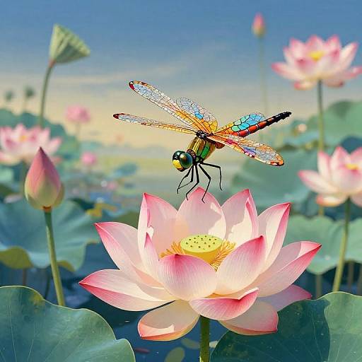 Photograph of a vibrant dragonfly with iridescent wings perched on a pink lotus flower amidst a serene pond filled with blooming lotuses