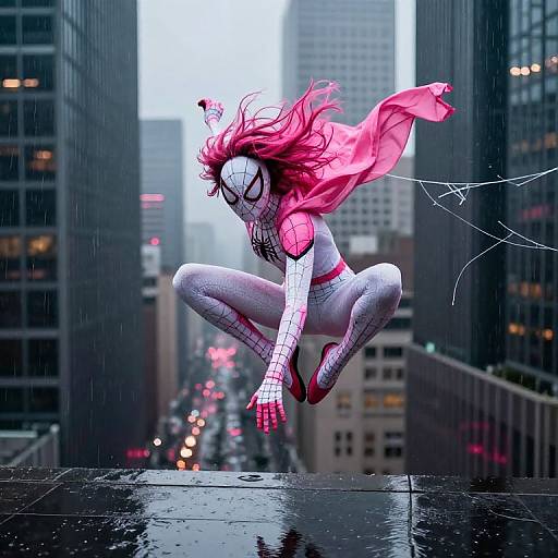 Spider Girl Leaping Through Rainy City