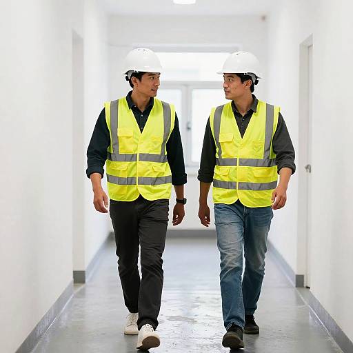 Photograph of two male construction workers in yellow vests, white hard hats, black shirts, and jeans, walking in a brightly lit, white hallway.