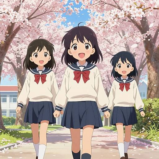 Anime-style digital illustration of three Japanese schoolgirls in white sailor uniforms and blue skirts, walking hand-in-hand on a cherry blossom-lined path.