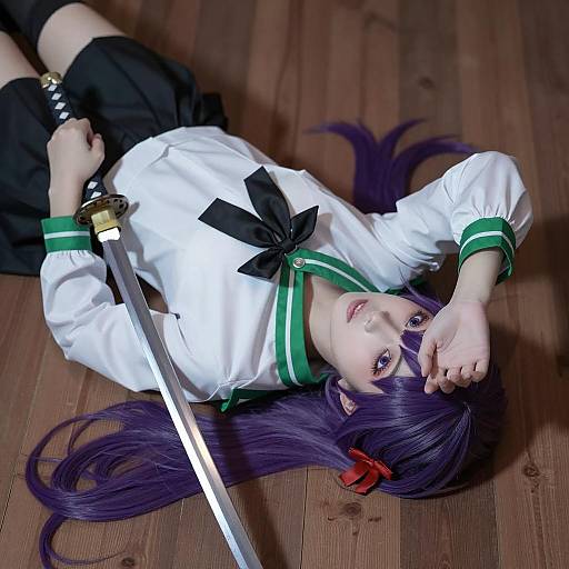Woman with Purple Hair Holding Katana on Wooden Floor