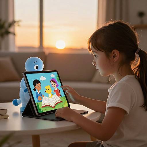 Photograph of a young girl with brown hair in a ponytail, wearing a white shirt, using a laptop featuring colorful cartoon characters, beside a blue