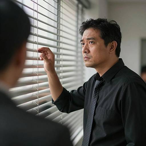 Focused Man Behind Closed Blinds