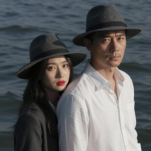 Stylish Couple Wearing Gray Hats by Water