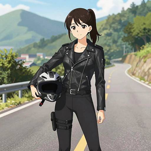 Confident Teen Biker Girl Anime Style