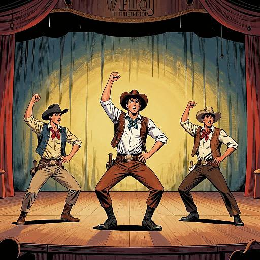 Digital illustration of three cowboy actors in white shirts, vests, and brown pants, striking dynamic poses on a wooden stage with red curtains and a yellow spotlight