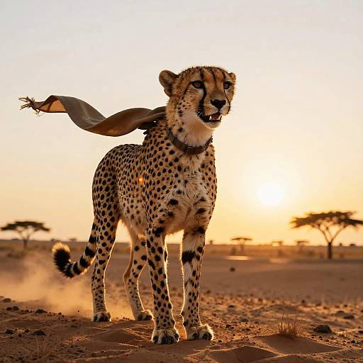 Photograph of a cheetah with a flying tanned cloth, standing on a dusty savanna at sunset, with acacia trees in the background