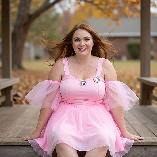 Photograph of a smiling, fair-skinned woman with brown hair in a pink off-shoulder, tulle dress, sitting on a wooden bench
