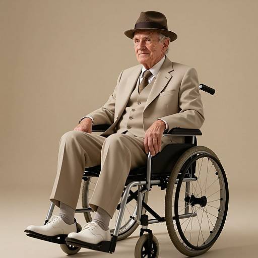Photograph of an elderly white man in a beige suit, white shoes, black tie, and brown hat, sitting confidently in a wheelchair against a plain