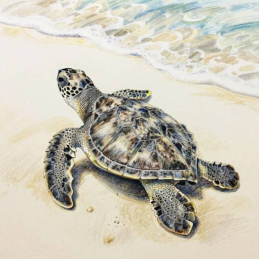 Colorful digital illustration of a detailed sea turtle on a sandy beach with gentle ocean waves in the background.
