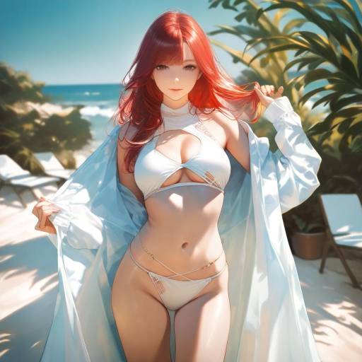 Sunset Beach Scene with Red-Haired Girl Sunset Beach Scene with Red-Haired Girl