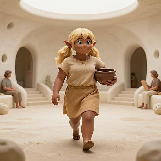 Digital CGI image of a cute, blonde, elf-like girl with large ears, wearing a beige tunic and skirt, carrying a clay bowl, walking
