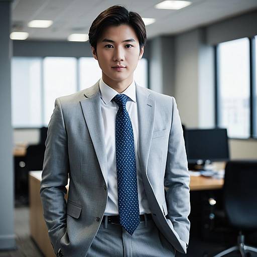 Young Asian Man in Grey Suit in Office