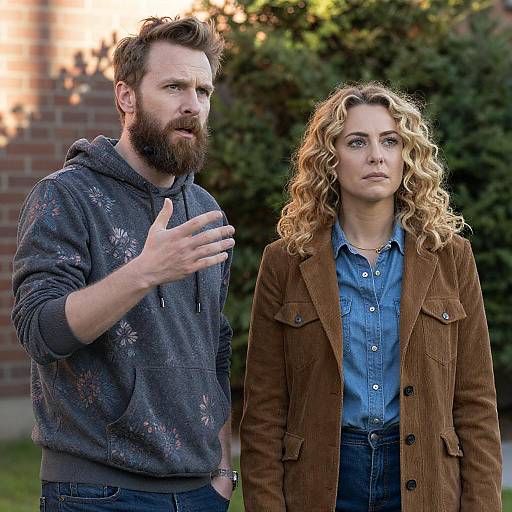 Photograph of a bearded man in a floral hoodie gesturing, standing beside a curly-haired woman in a brown corduroy jacket and blue shirt