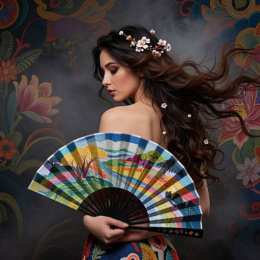 Photograph of a beautiful woman with long, wavy black hair adorned with white flowers, holding a colorful, patterned fan, against a dark,