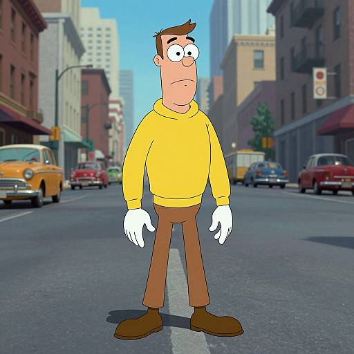 Cartoon man in yellow sweater, brown pants, white gloves standing on city street with vintage cars and tall buildings.