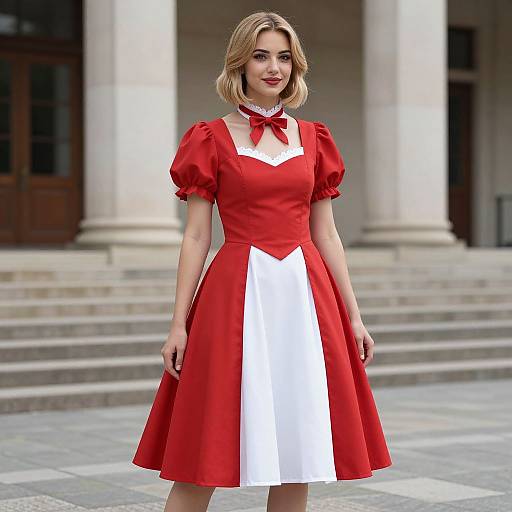 Photograph of a blonde woman with fair skin, wearing a red and white puffed-sleeve dress with a bow, standing in front of a