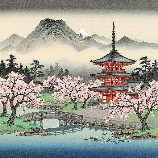 Ukiyo-e Pagoda in Misty Valley