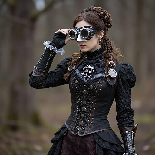 Photograph of a fair-skinned woman in Victorian Gothic attire, wearing a black mask, black corset, and gloves, holding binoculars in