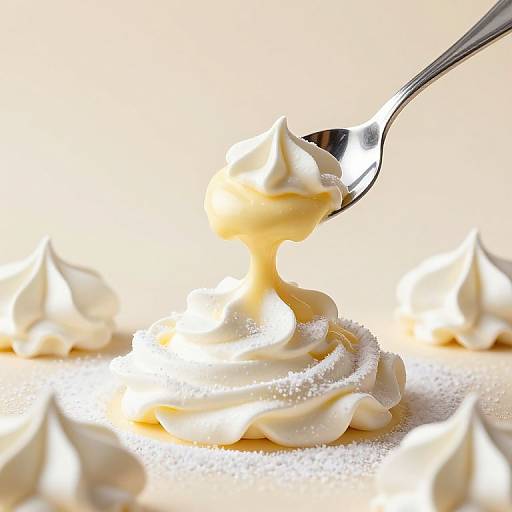 Close-up photograph of a spoon lifting a swirl of creamy white whipped cream from a sugar-dusted surface, with other whipped cream peaks in the background.