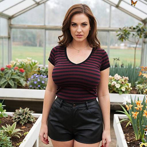 Photograph of a brunette woman with wavy hair, large breasts, wearing a black and purple striped shirt and black shorts, standing in a vibrant greenhouse