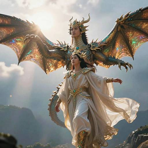 Photorealistic CGI of two ethereal women with dragon wings, one crowned, wearing golden and white armor, flying against a sunlit mountain backdrop.