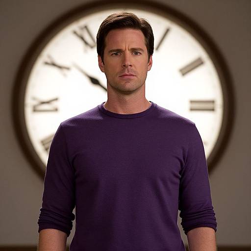 Man in Purple Shirt by Clock