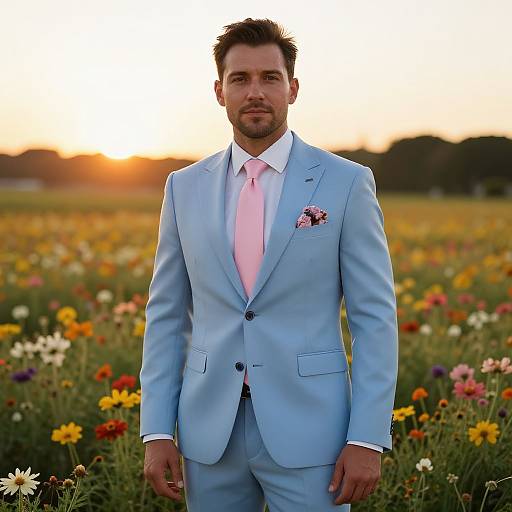 Stylish Man in Floral Field at Sunset