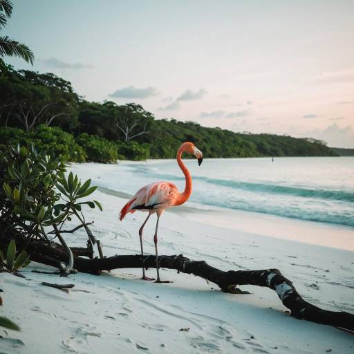 Flamingo on White Sandy Beach