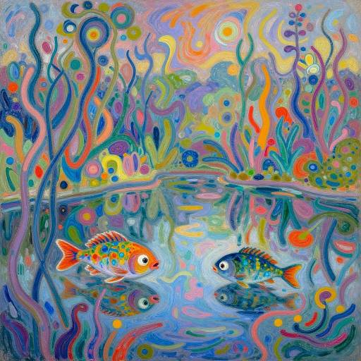 Vibrant, abstract underwater painting featuring colorful, swirling sea plants and two patterned fish with orange and blue accents. Bright, expressive, and whims