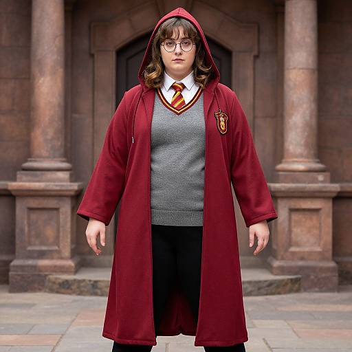Photograph of a young woman with curly brown hair, glasses, wearing a Hogwarts red robe, gray sweater, and black pants, standing in front of