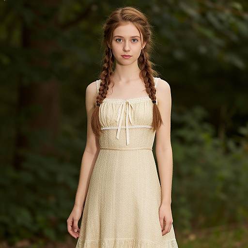 Photograph of a young woman with long brown braids, wearing a sleeveless, cream-colored, textured dress, standing in a forest background.