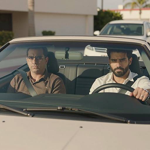 Two Men Driving in Beige Convertible Car