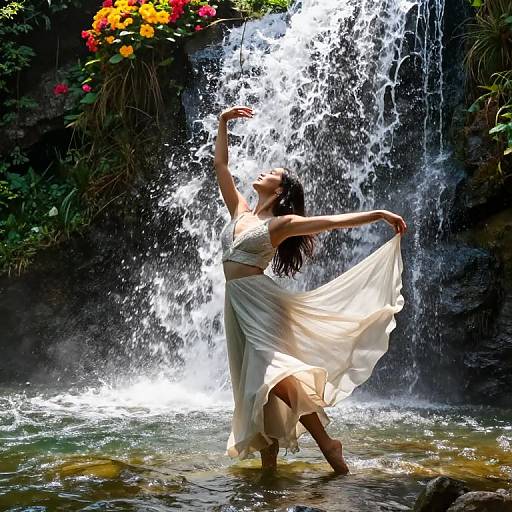 Photograph of a dancing woman in a flowing white dress, arms raised, under a cascading waterfall with vibrant flowers above.