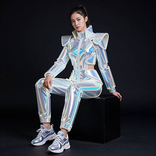 Photograph of an Asian woman with dark hair in a bun, wearing a reflective silver metallic jacket and pants, sitting on a black cube against a black