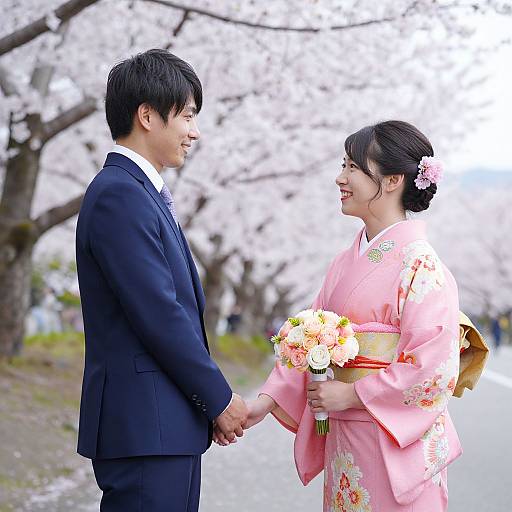 Photograph of a smiling Japanese couple in traditional wedding attire, holding hands, standing on a cherry blossom-lined path, with the bride holding a bouquet.