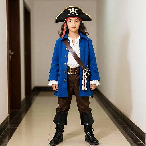 Photograph of a young child dressed as a pirate in a blue coat, white shirt, brown pants, black boots, and a black tricorn hat